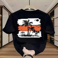 1 Piece Men's T-Shirt. Short Sleeve, 100% Pure Cotton, Casual Round Neck With Print, Breathable Short Sleeves For Everyday Wear, Black Color, Tropical Palm Tree Print - 黑色 - 查看 2