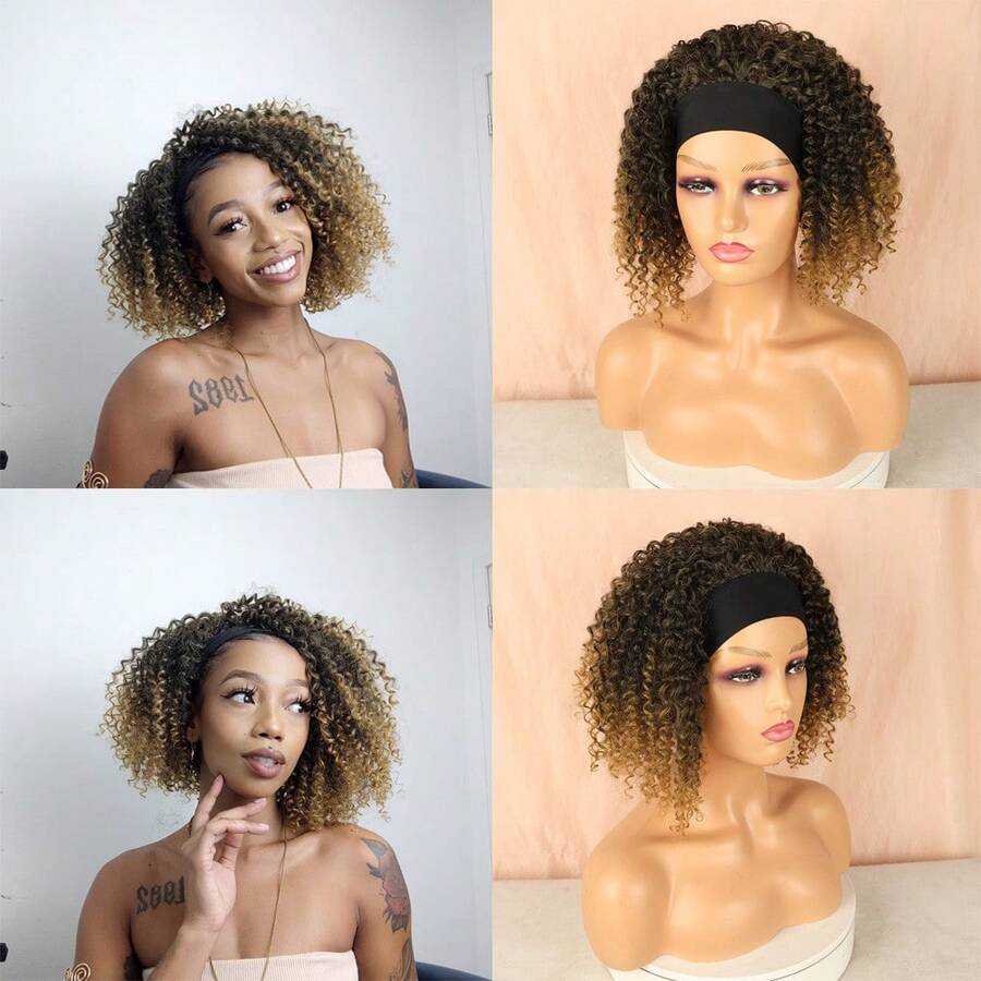 Afro Curly Hair Wig With Hairband, Breathable Design, LINDEZA+WIG CAP MT1B/27#/BROWN WITH HONEY - MT1B/27 - 查看 1
