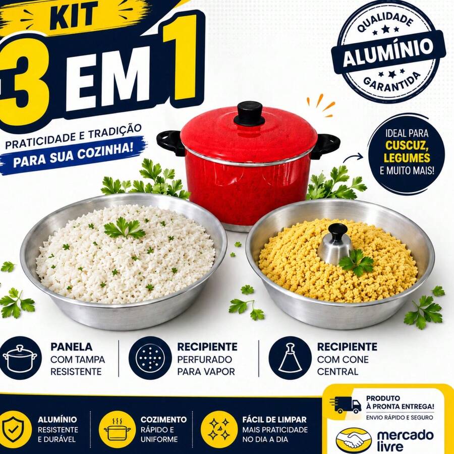 Panela Banho Maria 3x1 Cozimento A Vapor Cuscuz Legumes - Vermelho - Visão 1