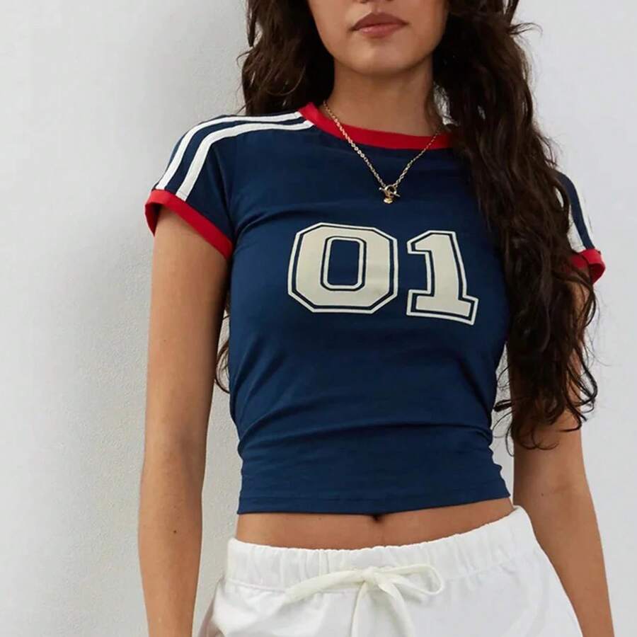 Retro Street Style Baby T-Shirt, Brazil Green Letter Print Crop Tops For Women, Slim-Fit Short Sleeve Casual Wear Y2k 2024 - nz953--- - 查看 1