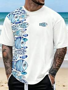 男士海洋魚類印花度假風休閒短袖上衣 - 彩色 - 查看 2