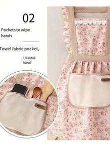Canvas Floral Apron, Home Kitchen Oil-Proof & Stain-Resistant Cooking Apron, Adjustable Waistband With Hand-Wipe Design, Breathable Fabric Cute Floral Apron, Suitable For Kitchen, Bathroom, Home Life Supplies, Home Goods, Kitchenware, Kitchen Tools - Multicolor - View 3