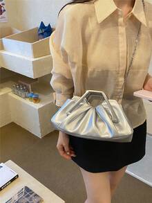 Sac à main plissé nuage pour femmes, design élégant de dame exquise de luxe léger avec chaîne en métal, mode haut de gamme convenant pour le shopping, les rendez-vous, les fêtes, couleur argent - Argent - Voir 5