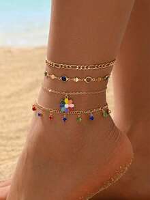 4pcs/Set Fashionable Luxury Colorful Rhinestone Floral Layered Gold Anklet Set For Women, Fresh Multi-Layer Anklets Suitable For Holiday, Beach, Daily Wear, Colorful Rhinestone Color Arrangement Is Random - Multicolor - View 1