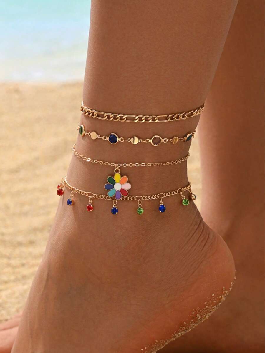 4pcs/Set Fashionable Luxury Colorful Rhinestone Floral Layered Gold Anklet Set For Women, Fresh Multi-Layer Anklets Suitable For Holiday, Beach, Daily Wear, Colorful Rhinestone Color Arrangement Is Random - Multicolor - View 1
