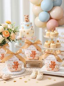 6pcs Teddy Bear Baby Shower Gift Bags With Gold Ribbon, Teddy Bear Theme Birthday, Wedding Favors, Gender Reveal Party, 1st Birthday Party - Brown Teddy Bear - View 4