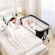 5-In-1 Baby Bassinet Bedside Sleeper, Convertible Crib With Rocking, Wheels, Adjustable Height, Foldable, Mesh, Mattress,Storage Basket & Mosquito Net - Black - View 1