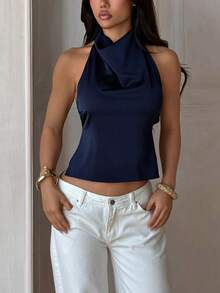 Women's Summer Blue Fashion Sexy Backless Halter High Neck Tank Top, Suitable For Dates, Graduation Season, Gatherings, Parties - Navy Blue - View 6