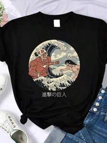 Playeras de Niña, Ropa para Adolescentes, Camiseta Gráfica, Ropa para Niños, Camiseta con Estampado Gráfico de Anime Japonés Ataque a los Titanes, Camiseta Casual de Moda para Hombre, Manga - Negro - Ver 1