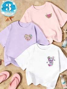 3pcs-Tween Girl Popular Graphic Print 3-Piece Set, Soft And Comfortable Fabric, Suitable For Girls Outdoor Sports, Daily Wear, Street Style, Campus Wear, Fashion Girls Spring/Summer Casual Versatile Tops - White - View 3