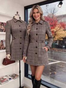 Women's Brown Brushed Wool Button-Front Coat With A Lapel, Regular Length, Long Sleeves, And A Fitted Waist; Elegant And Fashionable Style - Brown - View 1