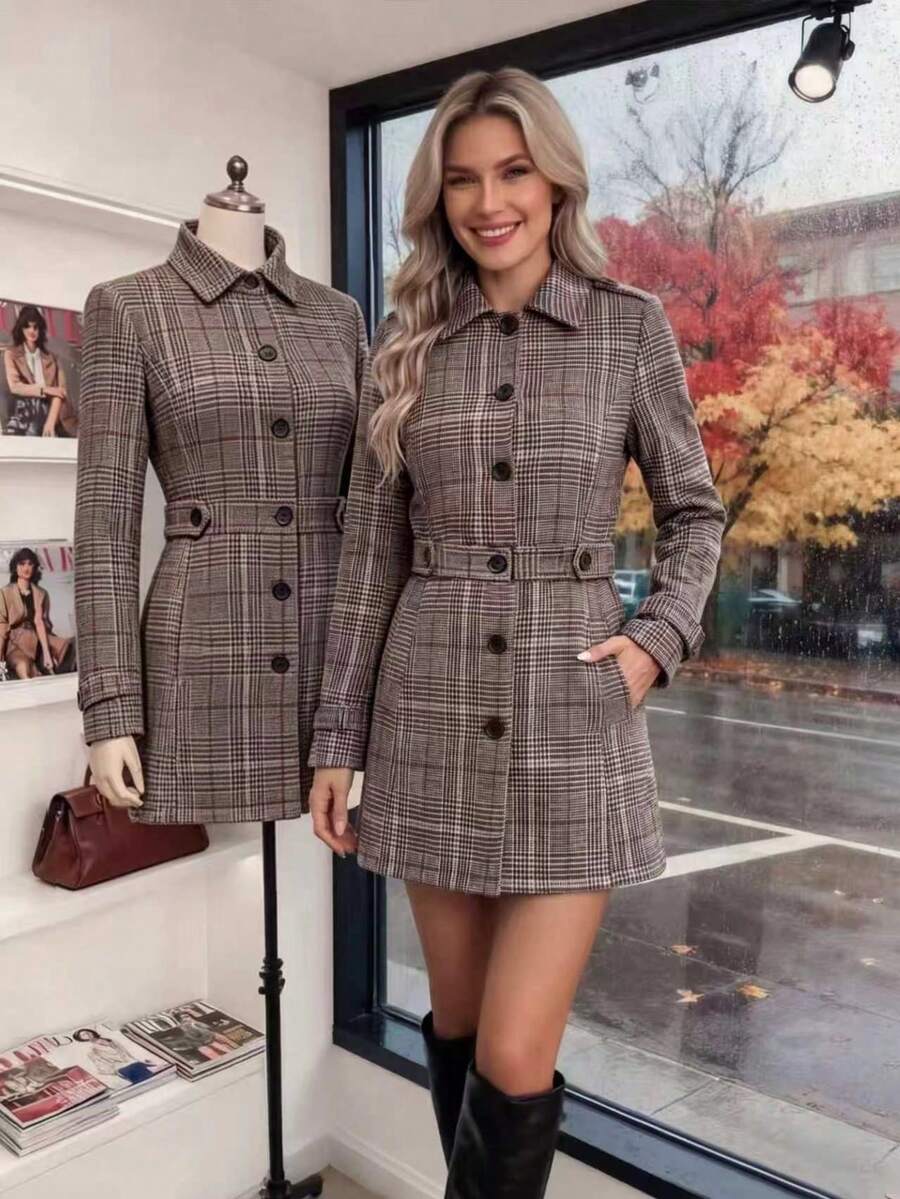 Women's Brown Brushed Wool Button-Front Coat With A Lapel, Regular Length, Long Sleeves, And A Fitted Waist; Elegant And Fashionable Style - Brown - View 1