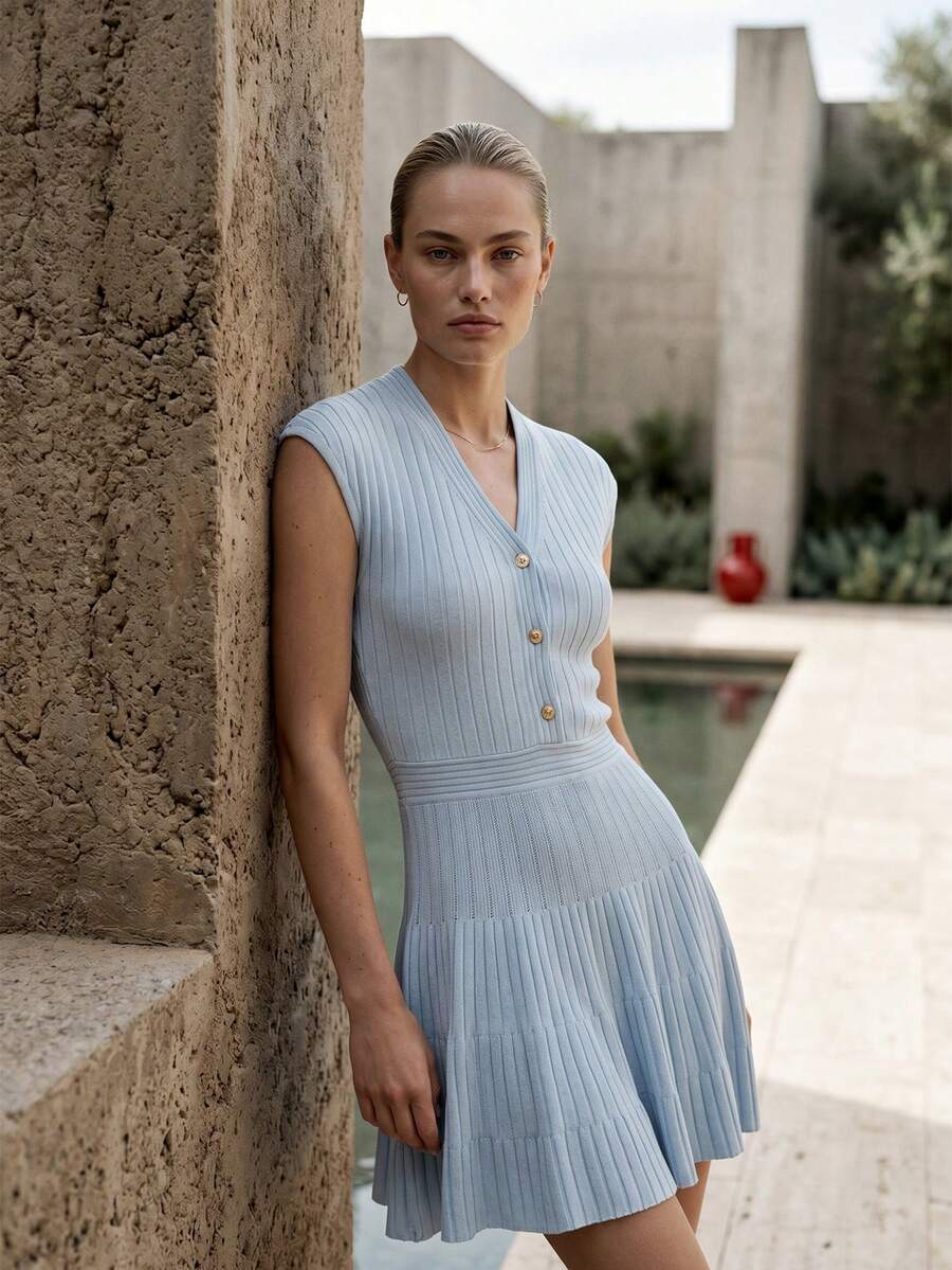 KSTM Ribbed Knit V-Neck Button Front Mini Dress With Tiered Pleated Hem And Cap Sleeves - Blue - View 1