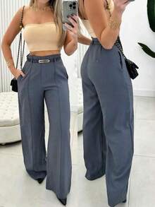 Women's Tailored Dress Pants With Belt, Luxury Wide-Leg Pants - Gray - View 4
