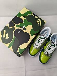 A BATHING APE Bape 休閒滑板鞋 拼色星星Logo 亮面休閒鞋 螢光深綠色 男女款鞋 - 螢光墨綠 - 查看 7
