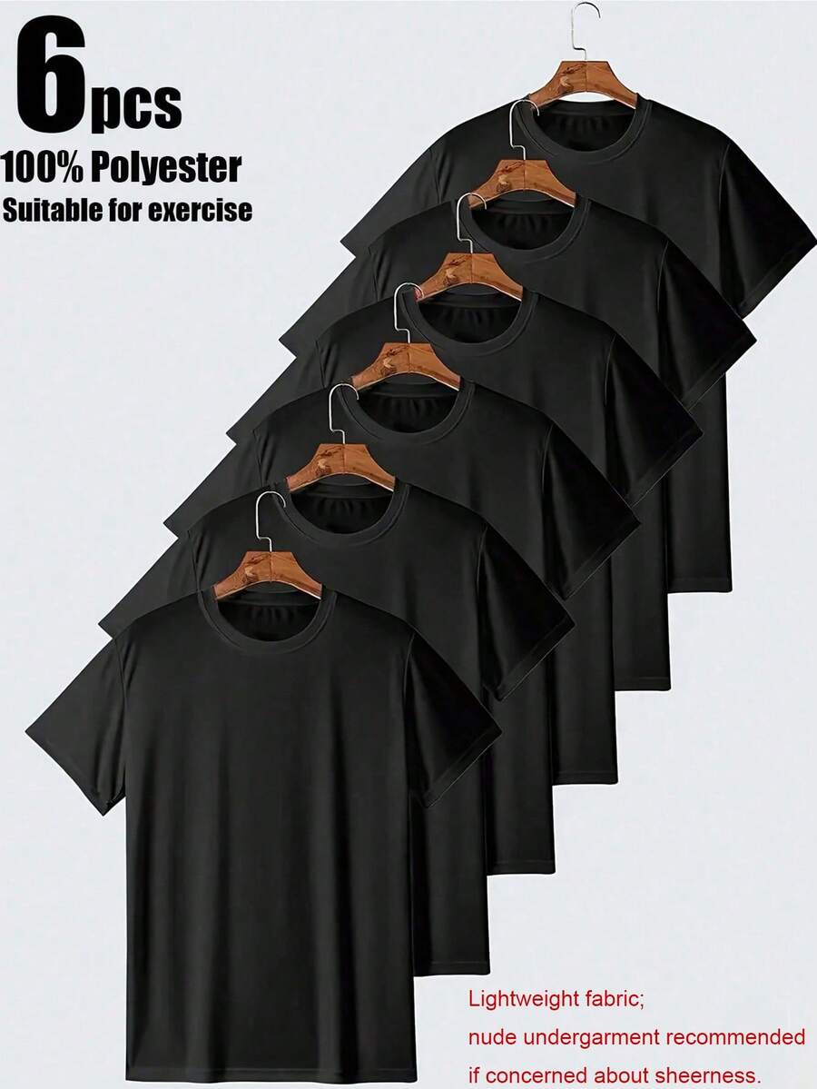 6pcs/Set Men'S Round Neck T-Shirt Offering Softness And While Being Durable , Suitable For Fitness, Outdoor And Casual Wear All Year Round - 黑色 - 查看 1