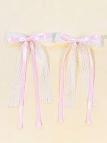 2 piezas/Set Pinzas para el cabello con lazo de cinta larga de encaje y satén para mujer, estilo dulce, adecuado para uso diario, pasador para el cabello - Multicolor - View 9
