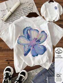 Camiseta casual de manga corta con cuello redondo con estampado floral para mujer, verano - Blanco - Ver 1