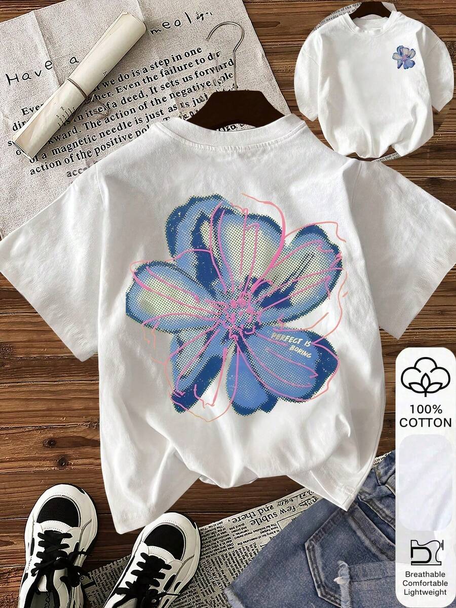 Camiseta casual de manga corta con cuello redondo con estampado floral para mujer, verano - Blanco - Ver 1
