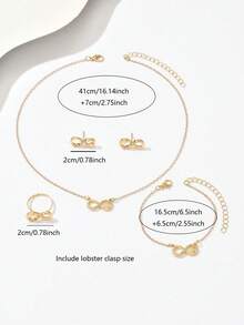 Juego de joyería de 5 piezas para mujer con anillo de metal elegante y minimalista con símbolo del infinito con rhinestones 1 pieza + pulsera 1 pieza + aretes 1 pieza + collar 1 pieza, adecuado para uso diario - Dorado - Ver 4