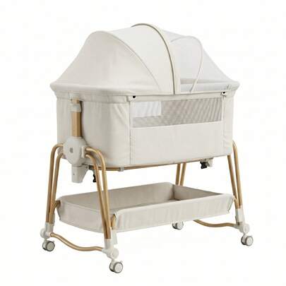 4-In-1 Baby Bassinet For Boys Girls Infant, Bedside Sleeper Crib With Wheels, Storage Basket And Mattress,7 Height Adjustable For Newborn,White