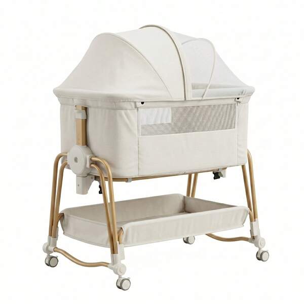 4-In-1 Baby Bassinet For Boys Girls Infant, Bedside Sleeper Crib With Wheels, Storage Basket And Mattress,7 Height Adjustable For Newborn,White