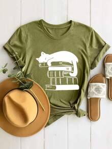 Camiseta de manga corta para mujer, de cuello redondo, casual y de moda, con estampado de libro de gato en blanco y simple, estilo de Oriente Medio, para adulta - Negro - Ver 7