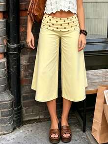 Fold Over Wide Leg Capri Pants For Women Low Rise Lounge Yoga Flare Culottes Y2k Flowy Crop Palazzo Pants - 芥末黃 - 查看 2