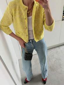 FOR BEAUTY Damen Y2K einfarbiger V-Ausschnitt Kurzarm gerippter Strickpullover, elegant, geeignet für tägliches Pendeln, Büro - Gelb - Übersicht 7
