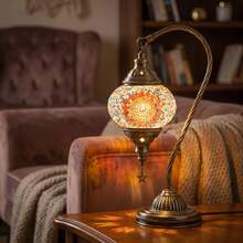Turkish Moroccan Mosaic Glass Table Lamp, Handmade Swan Neck Bedside Lamp With Bronze Base, 3 Color Modes LED Light, Decorative Nightstand Lamp For Bedroom, Living Room, Boho Home Decor, LED Bulb Included, Orange. - Xem 5