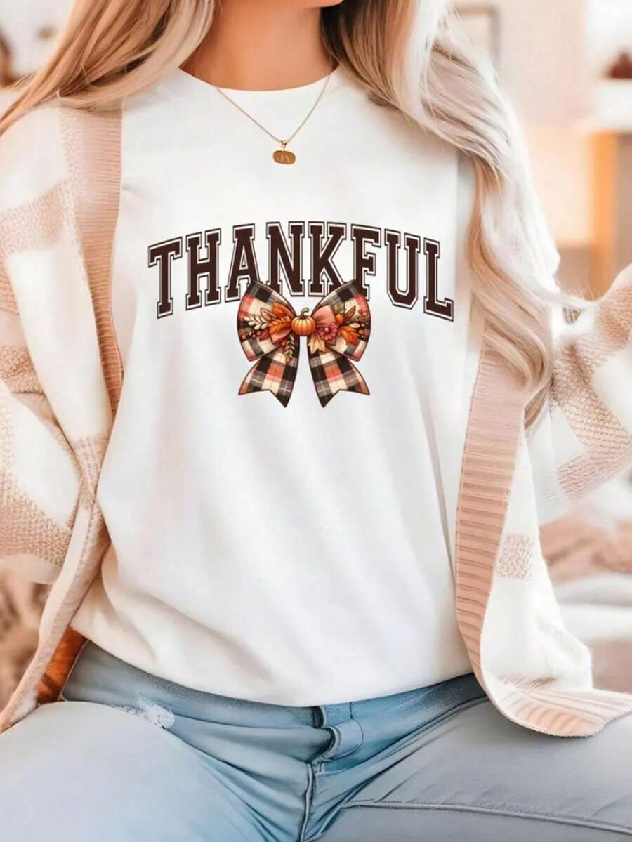 Cute Thank You T-Shirt, Gratitude T-Shirt, Autumn Sweatshirt, Fall Season T-Shirt, Thanksgiving T-Shirt, Warm Seasonal Sweater - 白色007 - 查看 1