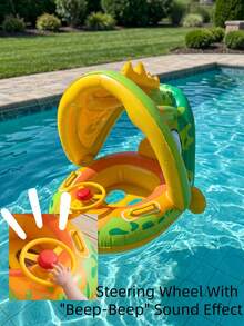 Children's Swim Ring, Dinosaur Shaped Inflatable Swim Ring With Adjustable Sunshade, Inflatable Swim Ring With Backrest And Handle Seat, Suitable For Children's Beach Toys Summer Use - Yellow - View 2