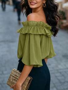Women's New Off-Shoulder Ruffle Hem Solid Color Blouse, Fashionable Minimalist Style For Dates, Casual, Office Wear In Summer - Olive Green - View 4