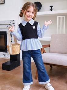 Set de 2 piezas de top con cuello de polo y vaqueros con bajo acampanado, conjunto casual y de moda para niña joven - Celeste - Ver 2