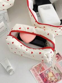 Red Heart Print Quilted Makeup Bag, 3 Sizes Portable Handheld Cosmetic Storage Bag, Large Capacity Travel Toiletry Organizer - Multicolor - View 9