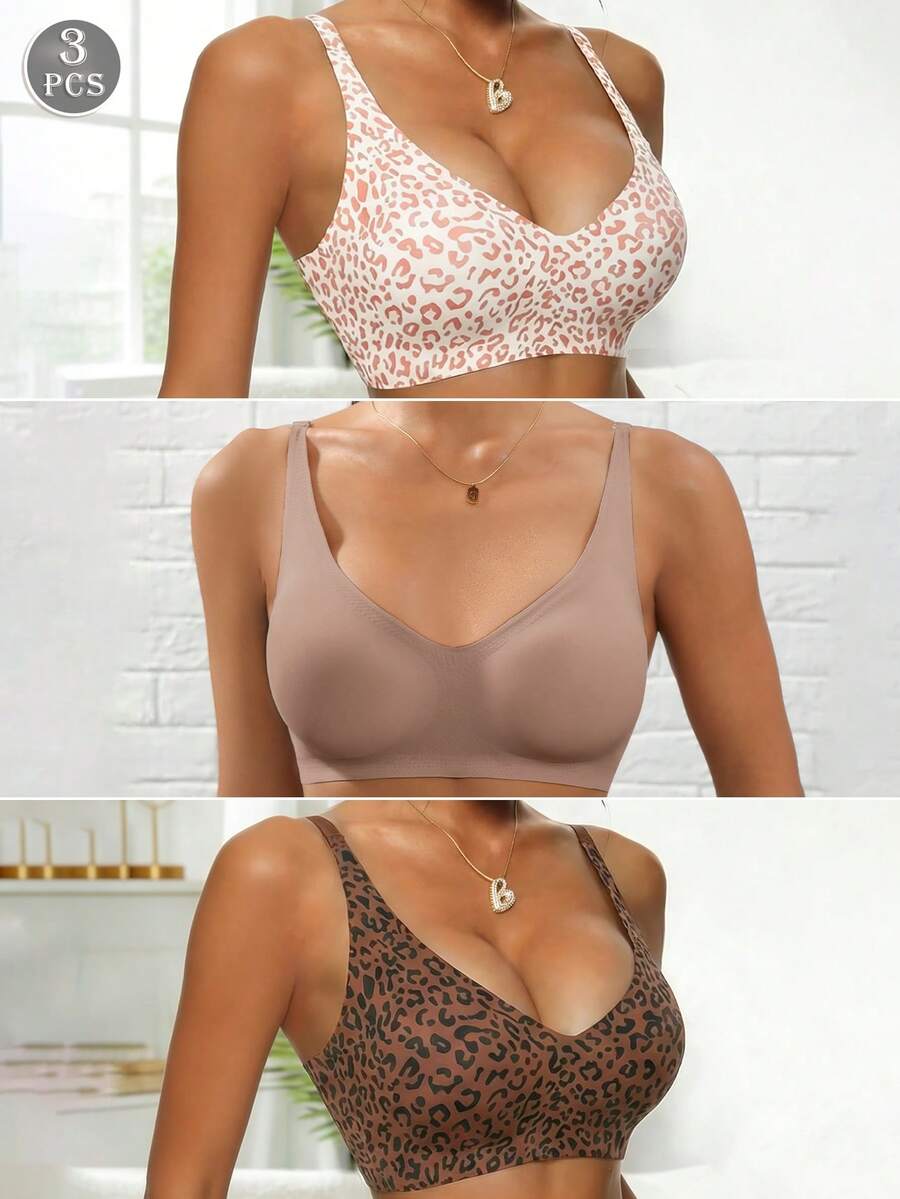 3件組 女款豹紋無縫舒適露背細肩帶內衣