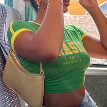 Retro Street Style Baby T-Shirt, Brazil Green Letter Print Crop Tops For Women, Slim-Fit Short Sleeve Casual Wear Y2k 2024 - nz1069- - 查看 6