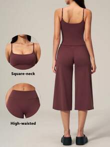 TimeOff Women's One Set Solid Color Adjustable Strap Camisole And Wide Leg Pants Sports Suit - Red - View 8
