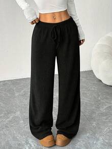 Pantalones deportivos mujer: corte , sueltos, color sólido, estilo con costillas.Ideales para correr, salidas o casa.Todas las estaciones, lavables a máquina. - Negro - Ver 5