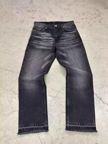 Quần jeans ống rộng nam không co giãn màu đen wash, phong cách streetwear thường ngày, hiệu ứng râu mèo, gấu raw, denim Y2K - màu đen - Xem 10