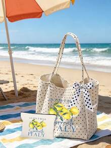 "Lemon Sorrento Italy" Pattern White Polka Dot Beach Tote Bag Set With Bow Ribbon, Large Capacity Foldable, Can Be Used As Shopping Bag, Travel Bag, Commuter Bag, Ideal For Beach Trips, Pool Parties, Shopping And Daily Use, Suitable For Women, Travelers And Beach Lovers, Perfect For Spring Break, Easter, Vacation And Gifts, Can Be Used As Beach Bag, Shopping Bag And Travel Companion - Multicolor - View 6