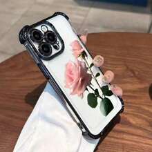 2026Una funda para teléfono móvil con diseño de flores rosas transparentes, adecuada para iPhone 16 15 14 13 12 Pro MAX, con borde suave y carcasa protectora a prueba de golpes, ideal como regalo para hombre y novia. - Negro - Ver 1