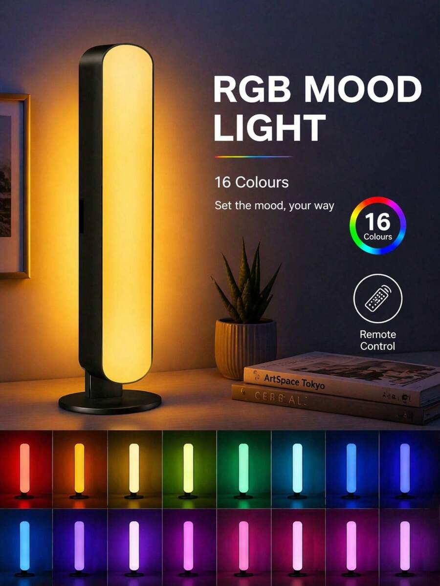 USB RGB LED Ambient Light Strip With Remote Control, Dimmable Color-Changing Night Light With Infrared Sensor, Modern Bedside & Desk Lamp, Suitable For TV Backlight, Bedroom, Gaming Scenes (Plastic Lampshade) - Black - View 1