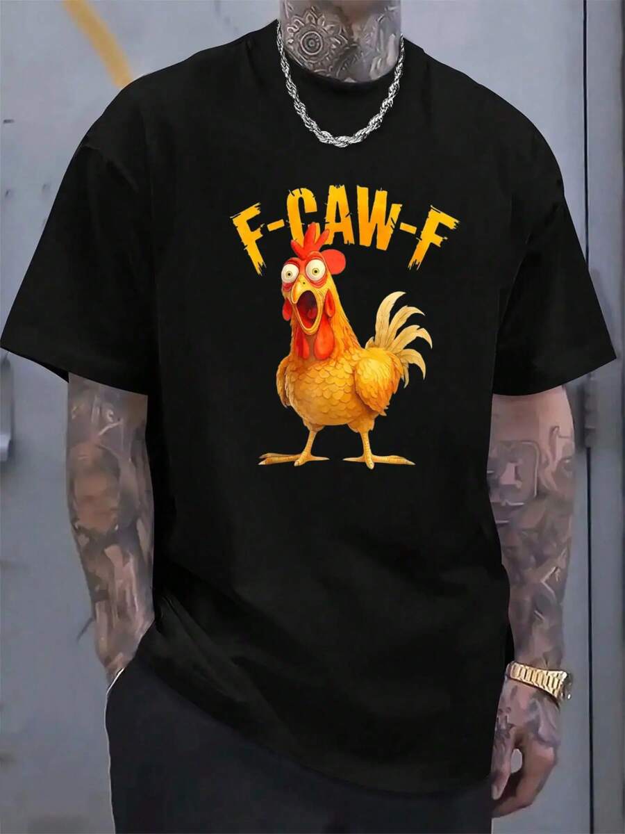 Men's T-Shirt With Funny Rooster Print F-Caw-F - Vintage Black Loose Fit Short Sleeve T-Shirt With Bright Yellow Rooster And F-Caw-F Print, Casual Outdoor Wear, As - 黑色 - 查看 1