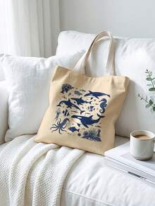 1pc Ocean Print Shoulder Tote Bag, Soft Foldable Large Capacity, Suitable For Carrying Books, Groceries And Daily Use, For Students And Women, Cute And Practical, Perfect For Daily Commute Or Gift - Multicolor - View 3