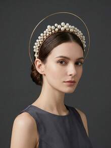 1pc Elegant Faux Pearl Decor Double Layer Halo Headband, Gold Wire Wrapped Angel Crown Bridal Tiara Hair Accessory For Wedding Masquerade Prom Party - Gold - View 6