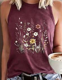 Women Sleeveless Tank Top, Vintage Wildflower Print, Racerback Loose Fit, Soft Cotton Mid-Length Vest; Boho, Daily/Vacation/Layering Casual Wear - 玫紅色 - 查看 2