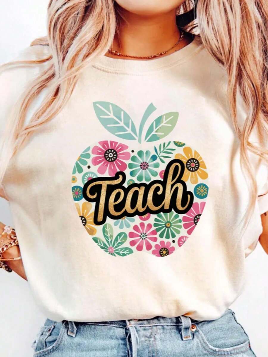 Preschool T-Shirts, Summer T-Shirts For Women, Graphic Print T-Shirts For Women, Casual Short Sleeve Crew Neck T-Shirt, 1 Fashion T-Shirt, 180g, 100% Cotton. - white002 - 查看 1