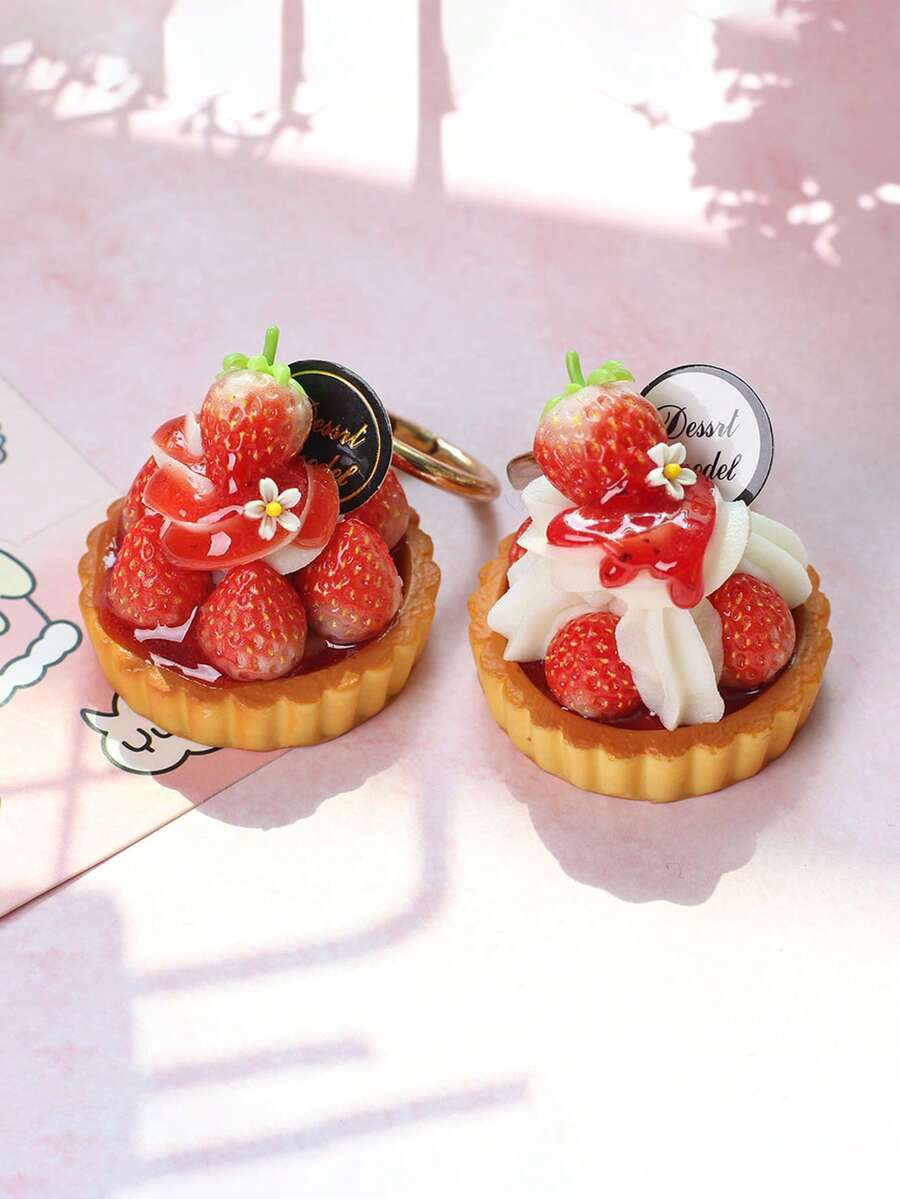 1Pc Artificial Strawberry Tart Cream Puff Cake Model Fake Food Keychain Realistic Dessert Charm Pendant Bag Cute Decoration - Multicolor - View 1