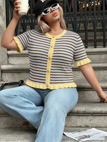 Plus Size Women's Summer Striped Patchwork Round Neck Metal Button Short Sleeve Knit Top, Paired With Cute Vintage Ruffle Decor, Suitable For Daily Dates And Photo Shoots. Striped Knit Top, Yellow Striped Knit Sweater, Summer Outfit, Multi-Color Striped Knit - Multicolor - View 10